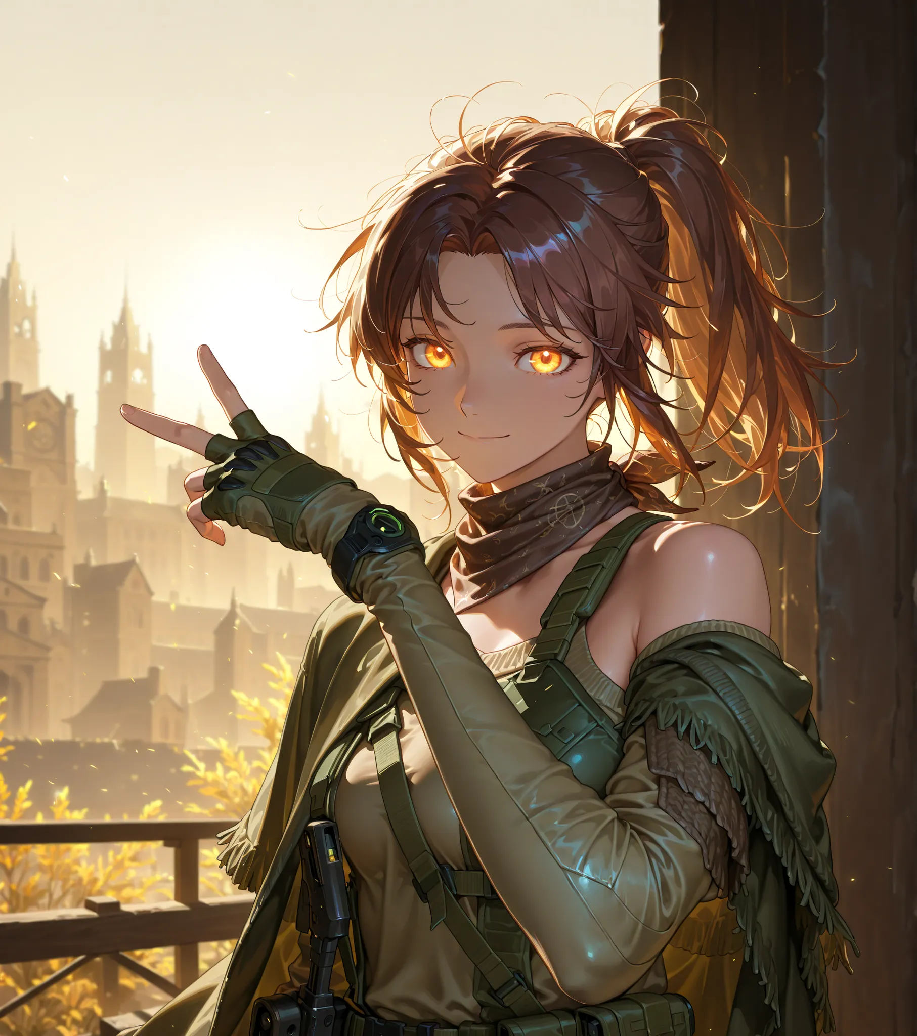 backlighting, warm lighting, in the style of Solo Leveling, scenery, accented lights, 1girl, solo, A close shot of a young adult loking at the viewer, Rainbow Holographic Combat Suit, detailed face, intricate details, soldier wearing Nano Combat Suit, nano...
