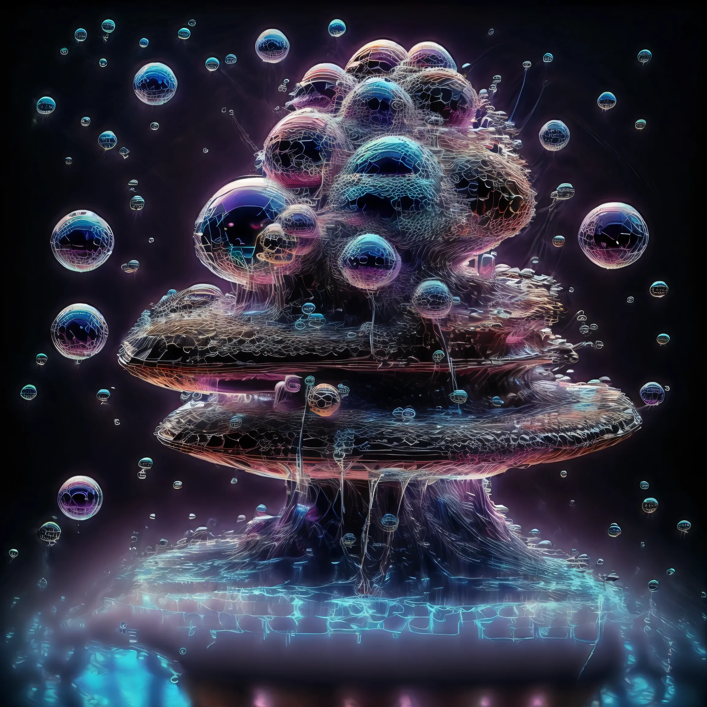 A close up of beautiful bubbles floating on top of each other, LSD, DMT imagery. octane render, psychedelic droplets of water, abstract liquid, and intricate rainbow art. octane render, black 3d fluid simulation, ethereal bubbles, swirling liquids, and hi...