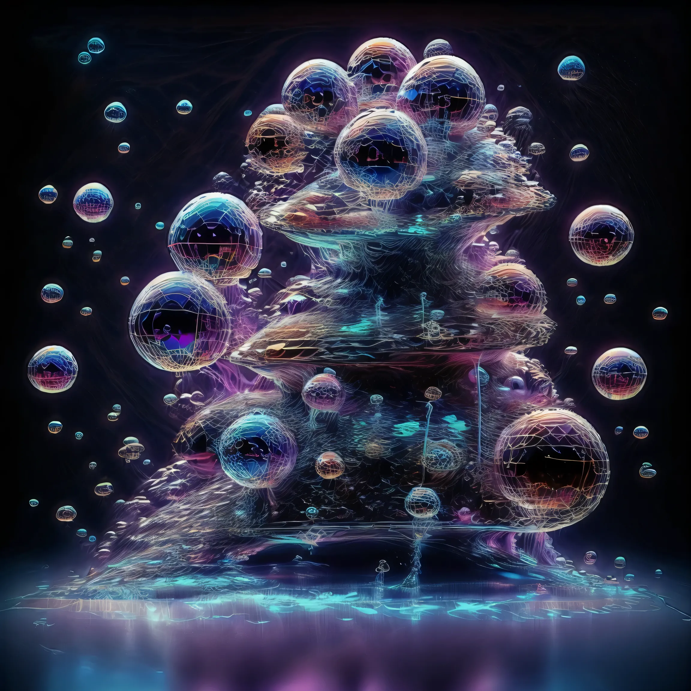 A close up of beautiful bubbles floating on top of each other, LSD, DMT imagery. octane render, psychedelic droplets of water, abstract liquid, and intricate rainbow art. octane render, black 3d fluid simulation, ethereal bubbles, swirling liquids, and hi...
