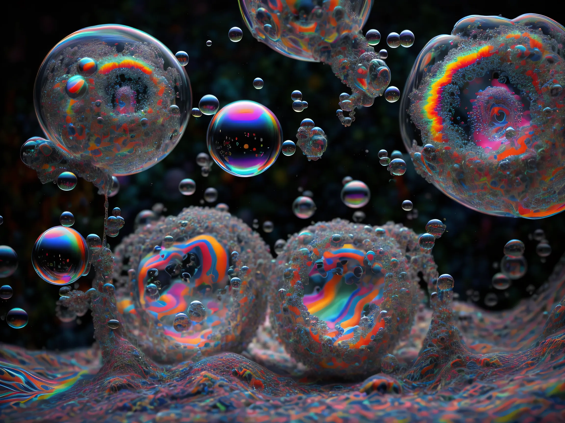 A close up of beautiful bubbles floating on top of each other, LSD, DMT imagery. octane render, psychedelic droplets of water, abstract liquid, and intricate rainbow art. octane render, black 3d fluid simulation,  ethereal bubbles, swirling liquids, and hi...