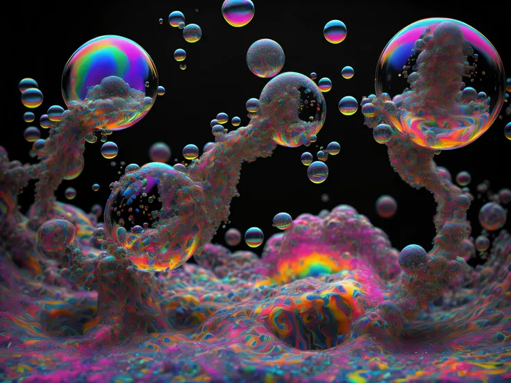 A close up of beautiful bubbles floating on top of each other, LSD, DMT imagery. octane render, psychedelic droplets of water, abstract liquid, and intricate rainbow art. octane render, black 3d fluid simulation,  ethereal bubbles, swirling liquids, and hi...