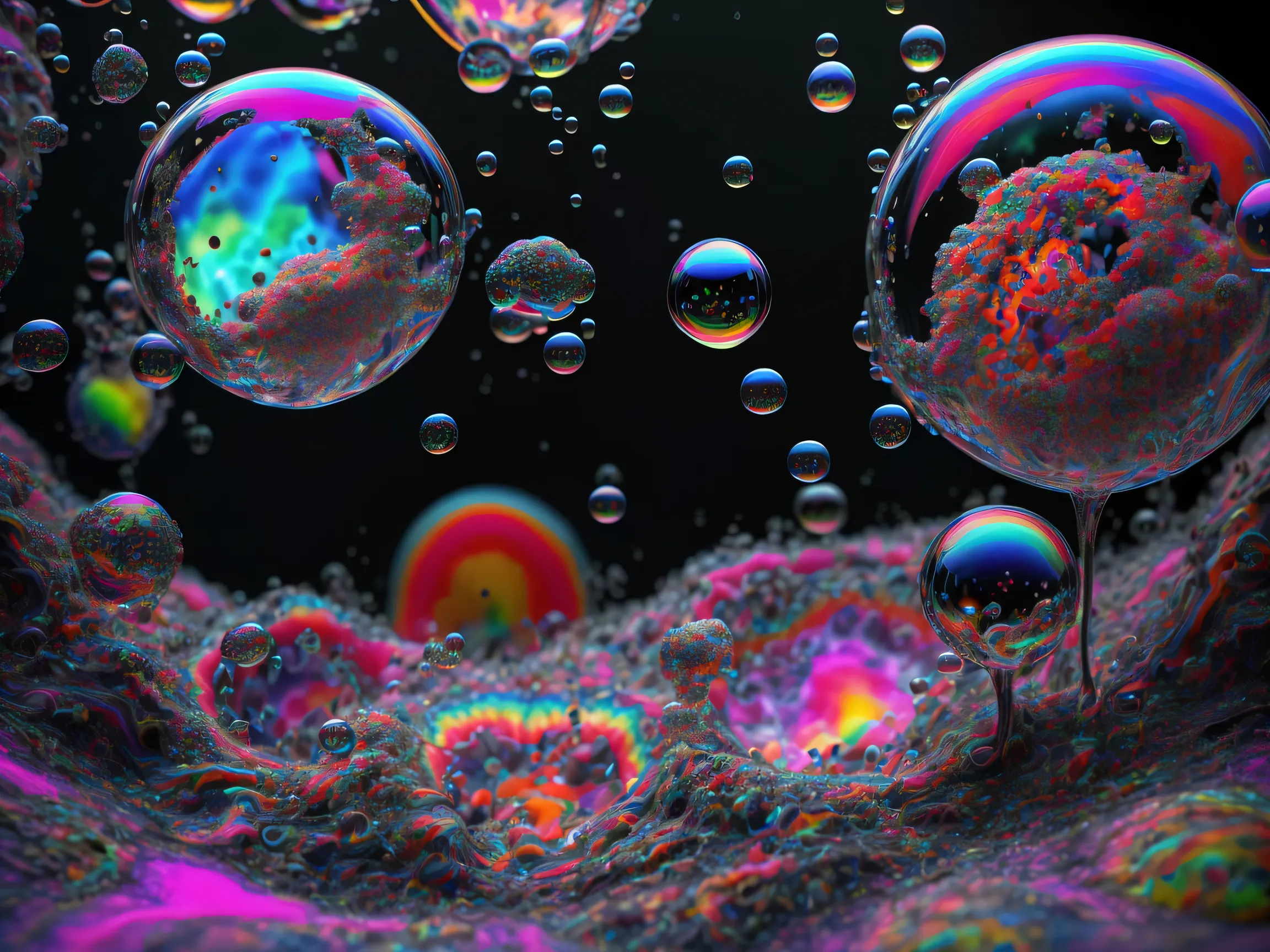 A close up of beautiful bubbles floating on top of each other, LSD, DMT imagery. octane render, psychedelic droplets of water, abstract liquid, and intricate rainbow art. octane render, black 3d fluid simulation,  ethereal bubbles, swirling liquids, and hi...