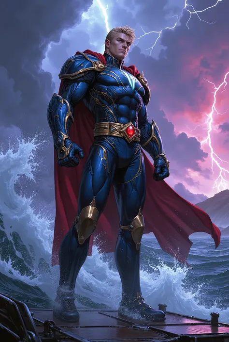 Award-winning digital painting, hyper-detailed, cinematic concept art. A full-body, dramatic low-angle shot of a majestic and powerful sci-fi fantasy sea lord. He is a tall, middle-aged man with a formidable, chiseled physique. His heroic face is stern and...