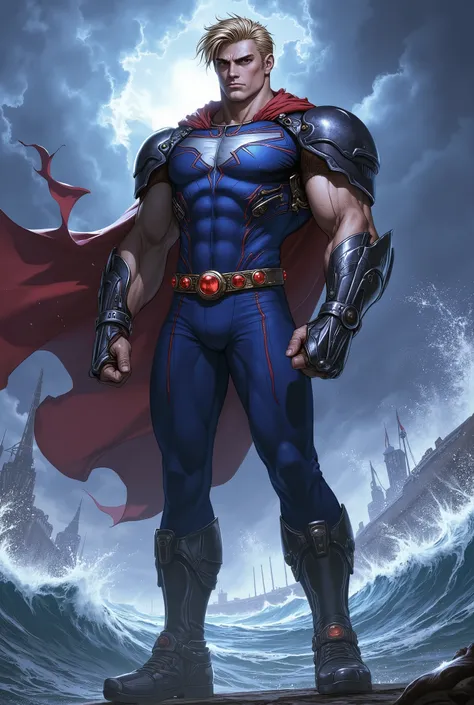 (masterpiece, best quality, ultra-detailed, cinematic lighting, dramatic atmosphere, professional illustration), a tall, powerfully built middle-aged man, thick messy short blond hair, handsome face, chiseled features, sharp piercing eyes, stern expression...