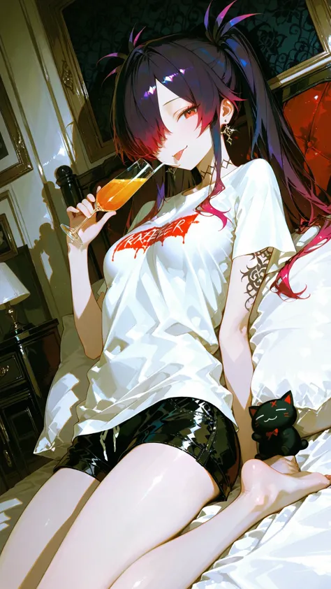 Refined Realistic Style（0.8）， Master Level， EXTREME DETAILS ，professional grade post-treatment，Masterpiece，anime style（1.2），best quality，High Resolution，8K，Side shot, double ponytail, long hair, parted bangs, bad smile, tongue out, black revealing t-shirt,...