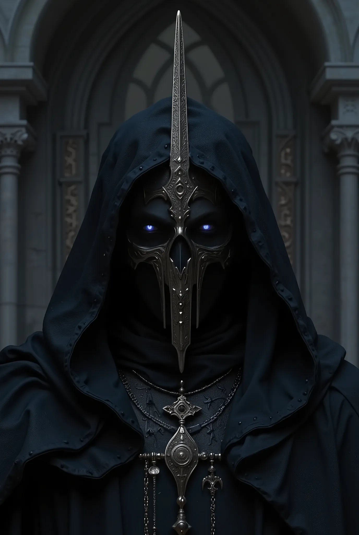 ((masterpiece)), ((top quality:1.2)), high definition, 8 k, (ultra_realistic:1.3), (photorealistic:1.4), Incredibly attractive, muscular man, dark warlock king, height 190, On it ((long, a deep hood made of thick fabric , , completely covering his head an...