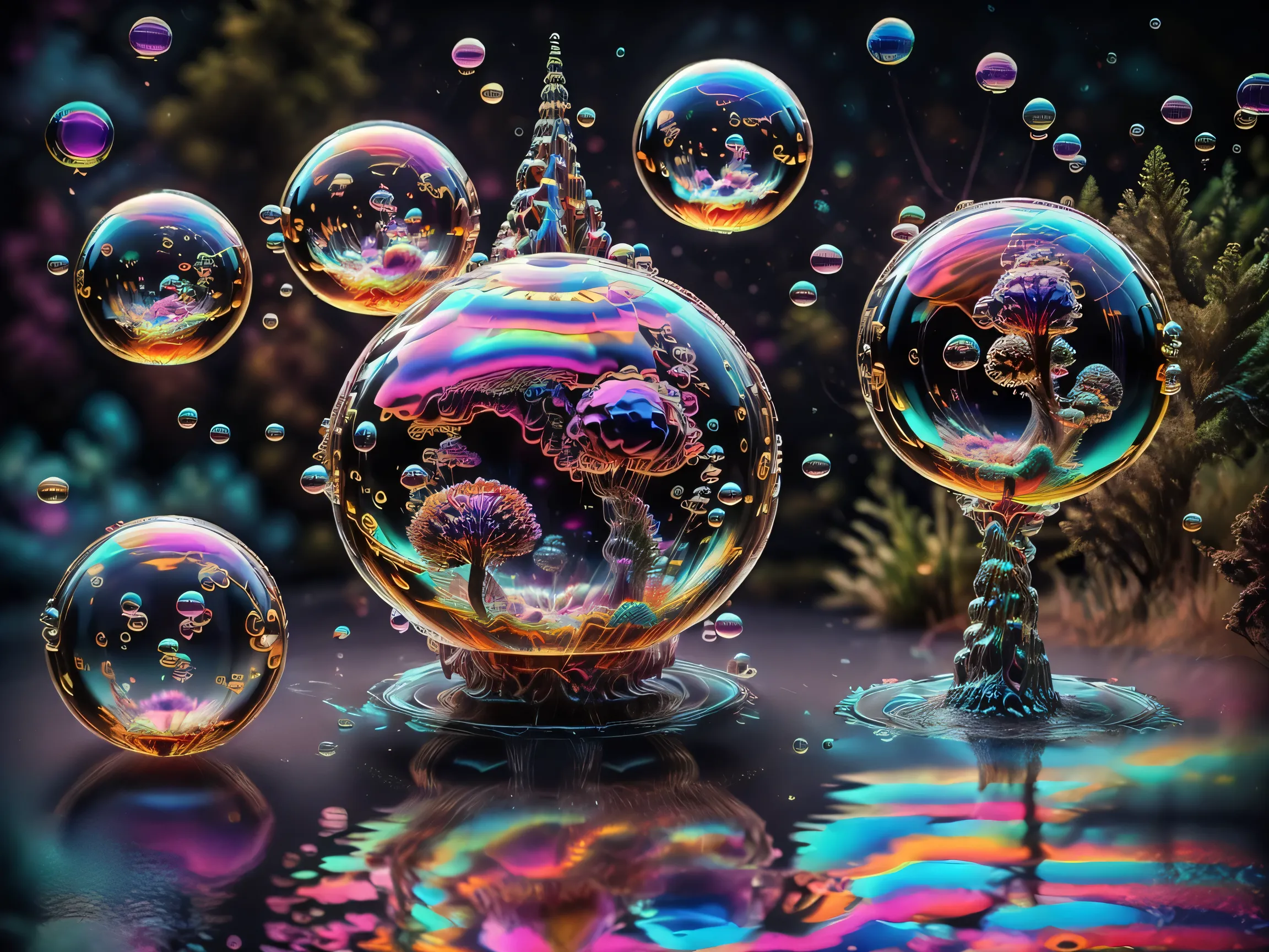 A close up of beautiful bubbles floating on top of each other, LSD, DMT imagery. octane render, psychedelic droplets of water, abstract liquid, and intricate rainbow art. octane render, black 3d fluid simulation, ethereal bubbles, swirling liquids, and hi...