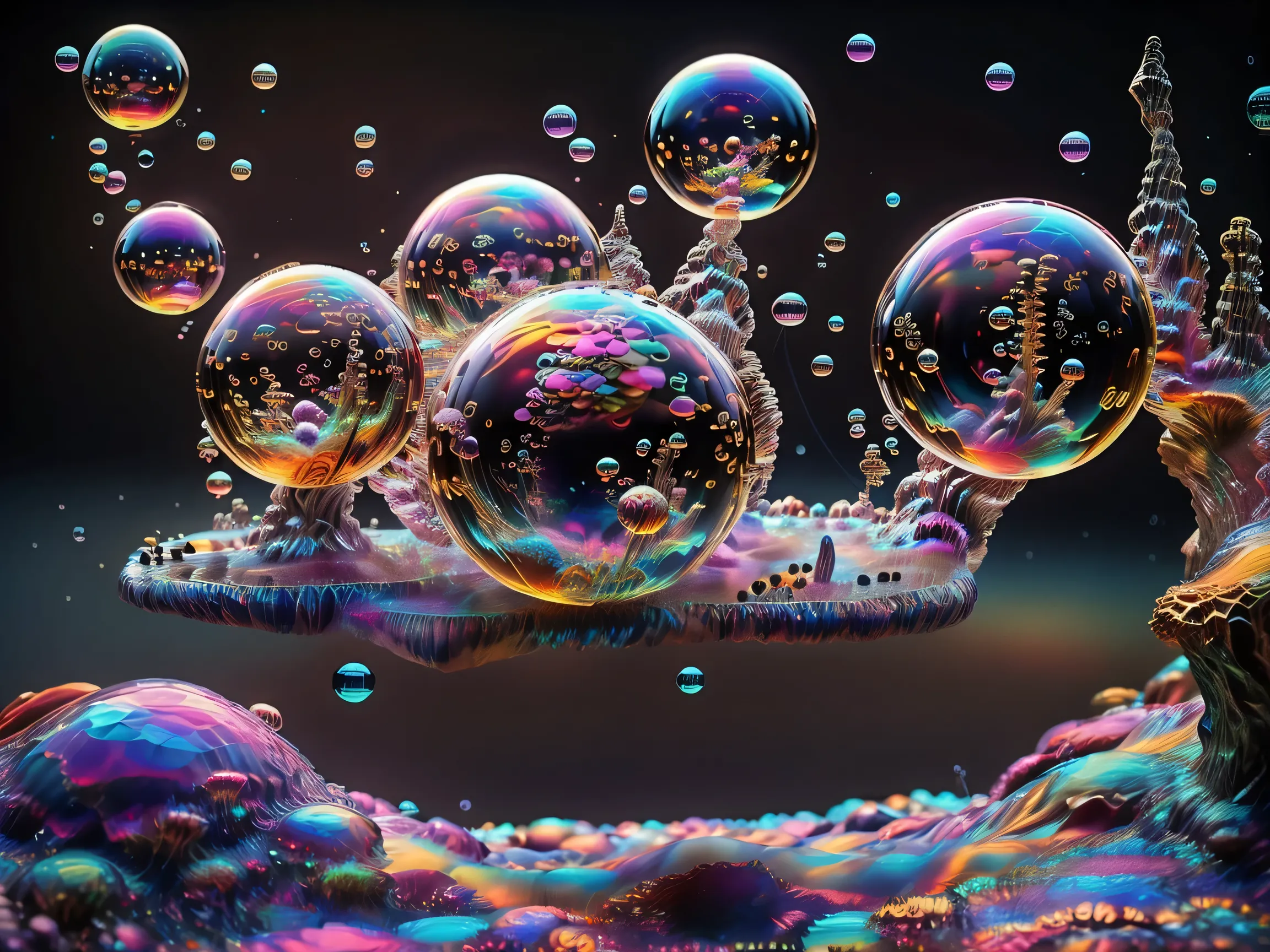 A close up of beautiful bubbles floating on top of each other, LSD, DMT imagery. octane render, psychedelic droplets of water, abstract liquid, and intricate rainbow art. octane render, black 3d fluid simulation, ethereal bubbles, swirling liquids, and hi...