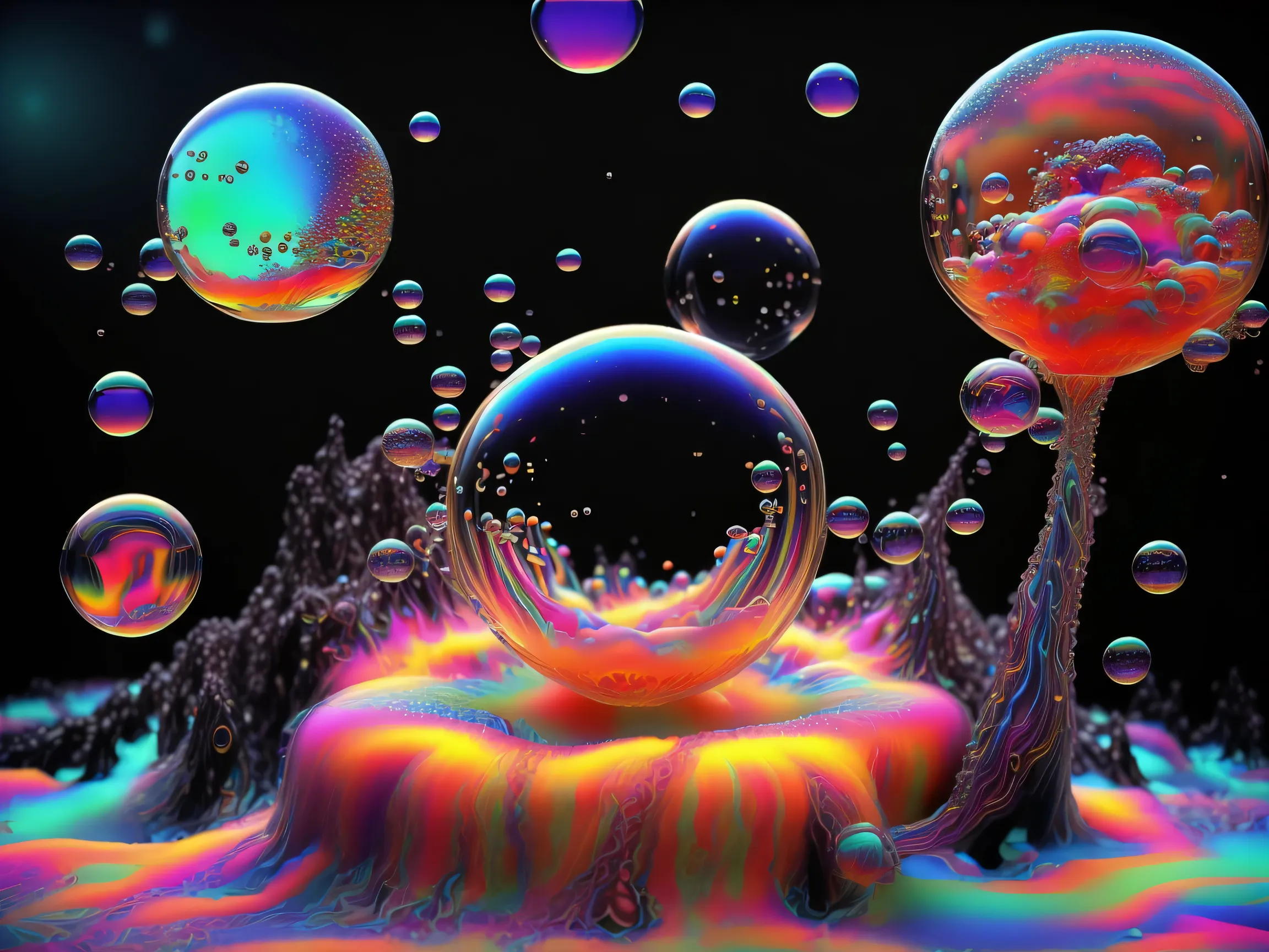 A close up of beautiful bubbles floating on top of each other, LSD, DMT imagery. octane render, psychedelic droplets of water, abstract liquid, and intricate rainbow art. octane render, black 3d fluid simulation, ethereal bubbles, swirling liquids, and hi...