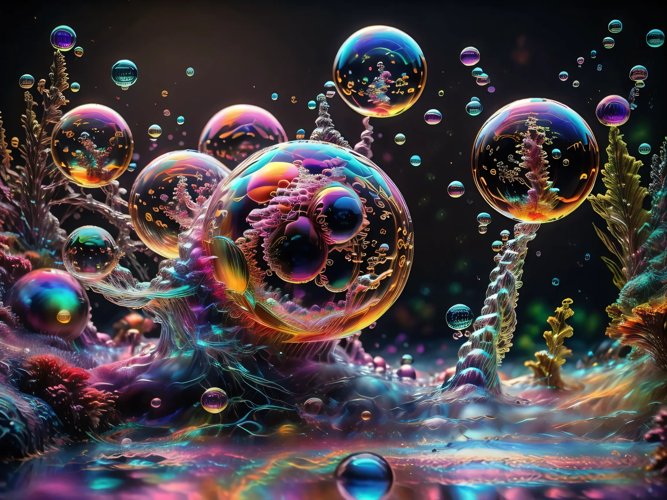 A close up of beautiful bubbles floating on top of each other, LSD, DMT imagery. octane render, psychedelic droplets of water, abstract liquid, and intricate rainbow art. octane render, black 3d fluid simulation, ethereal bubbles, swirling liquids, and hi...