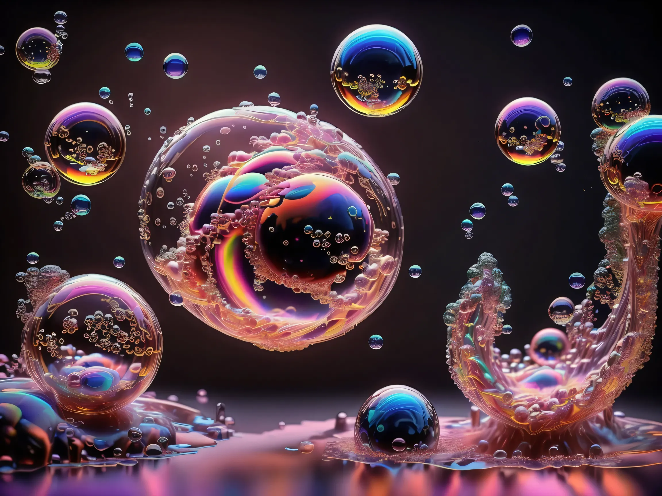 A close up of beautiful bubbles floating on top of each other, LSD, DMT imagery. octane render, psychedelic droplets of water, abstract liquid, and intricate rainbow art. octane render, black 3d fluid simulation, ethereal bubbles, swirling liquids, and hi...