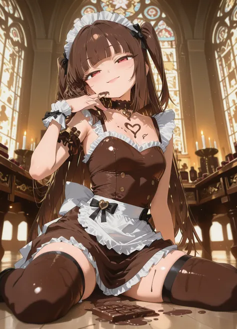 masterpiece, best quality, ultra-detailed, 4k, 8k, anime style, beautiful young idol woman, brown hair, hime cut, glossy hair, cute yet subtly provocative, big expressive eyes, glossy skin, one hand raised, slowly licking thick chocolate dripping from her fingertip, viscous liquid chocolate, rich and glossy, soft seductive smile, innocent charm with hidden danger, chocolate trap theme, dark cocoa and gold idol outfit, intricate frills, chocolate brown lace choker, elegant and captivating design

majestic chocolate cathedral background, towering cocoa columns, stained glass windows with chocolate patterns, golden light filtering through, chocolate bar motifs in architecture, sacred chocolate altar, swirling cocoa mist at floor level, glowing magical runes, luxurious chocolate world, decadent and immersive setting, fantasy stage, warm ambient lighting, layered depth, ultra-detailed, cinematic perspective