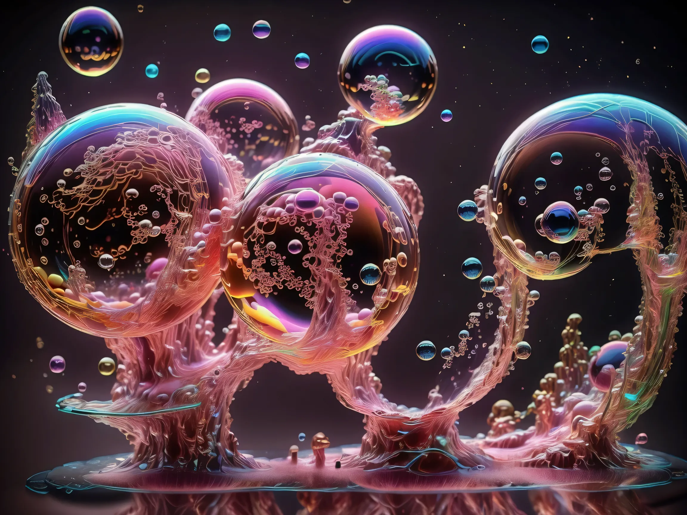 A close up of beautiful bubbles floating on top of each other, LSD, DMT imagery. octane render, psychedelic droplets of water, abstract liquid, and intricate rainbow art. octane render, black 3d fluid simulation, ethereal bubbles, swirling liquids, and hi...
