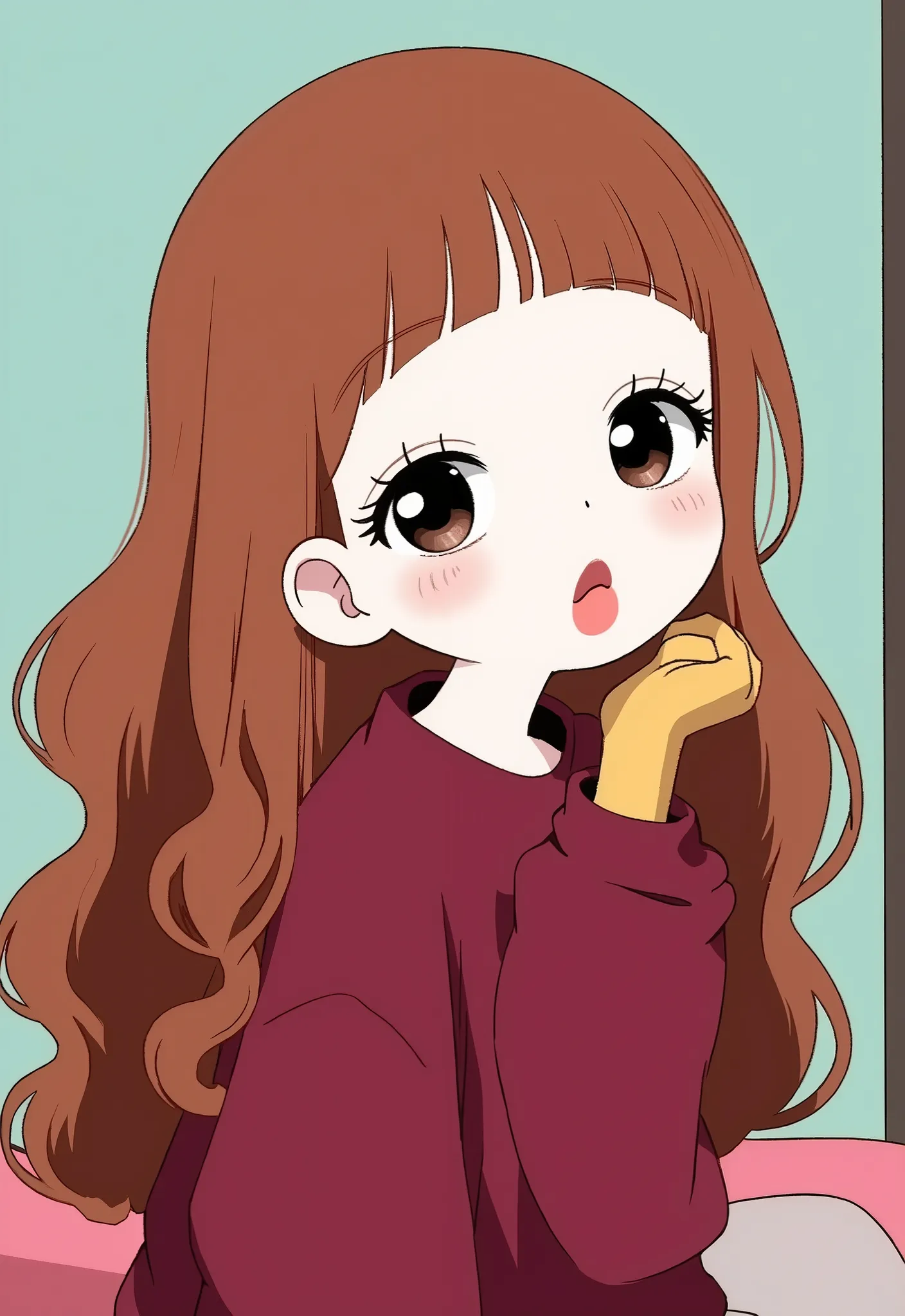 Girl, long wavy and falling brown hair, brown eyes, sharp features, white skin, light cherry lips, beautiful, perfect, elegant looking, wearing a maroon sweatshirt, bright colors, high quality resolution.