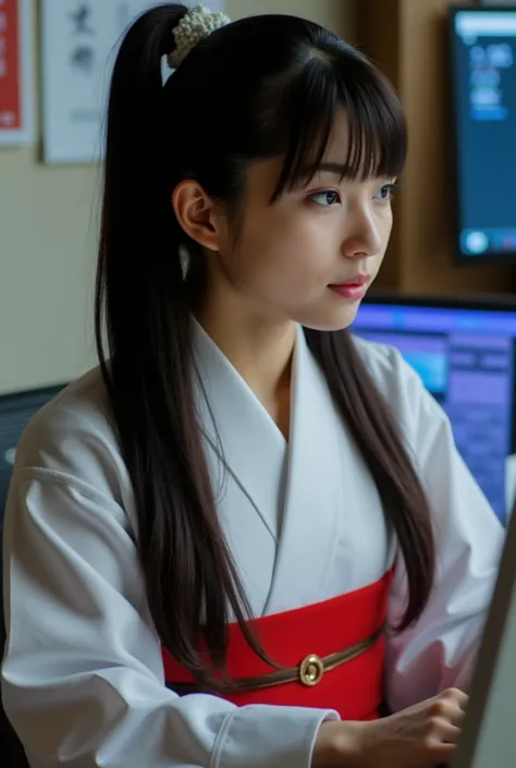 A highly realistic photo of a beautiful pale-skinned Japanese girl with a slender figure, long straight black hair in a ponytail, and natural bangs, dressed in a traditional Japanese shrine maiden (miko) outfit. She sits at a desk in front of a computer, w...