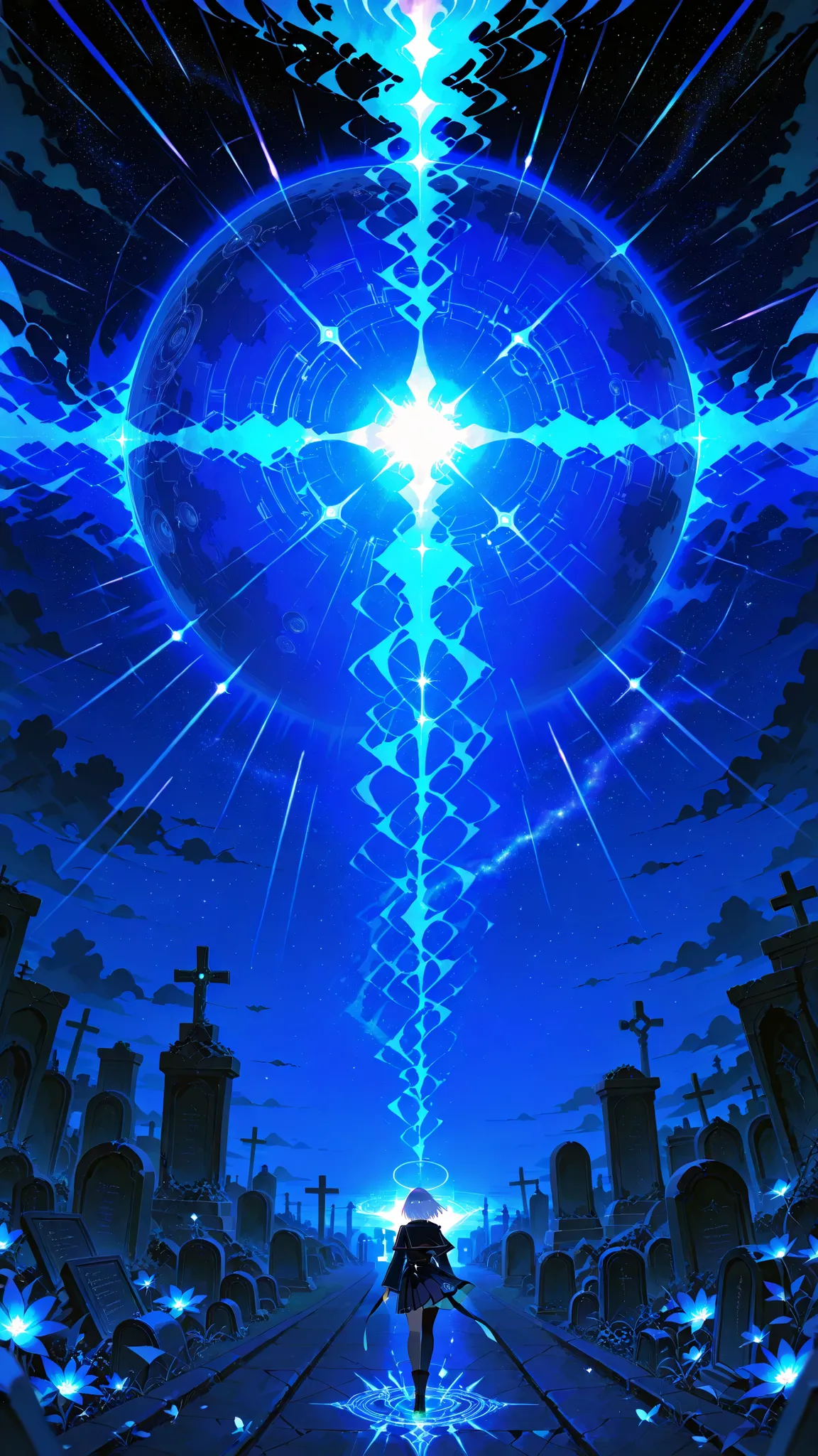 Future sci-fi world, spiritual life,hidden in the darkness and hope in the ruins of the end of the world, the consciousness boarded in the body and shuttle in the cemetery of Cyber, the cemetery floating holographic ghosts, machine poets with notes to guid...
