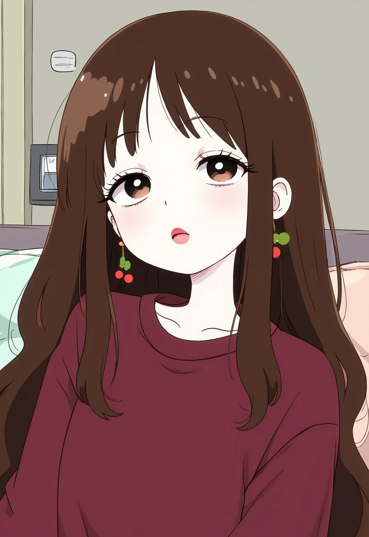 Girl, long wavy and falling brown hair, brown eyes, sharp features, white skin, light cherry lips, beautiful, perfect, elegant looking, wearing a maroon sweatshirt, bright colors, high quality resolution.