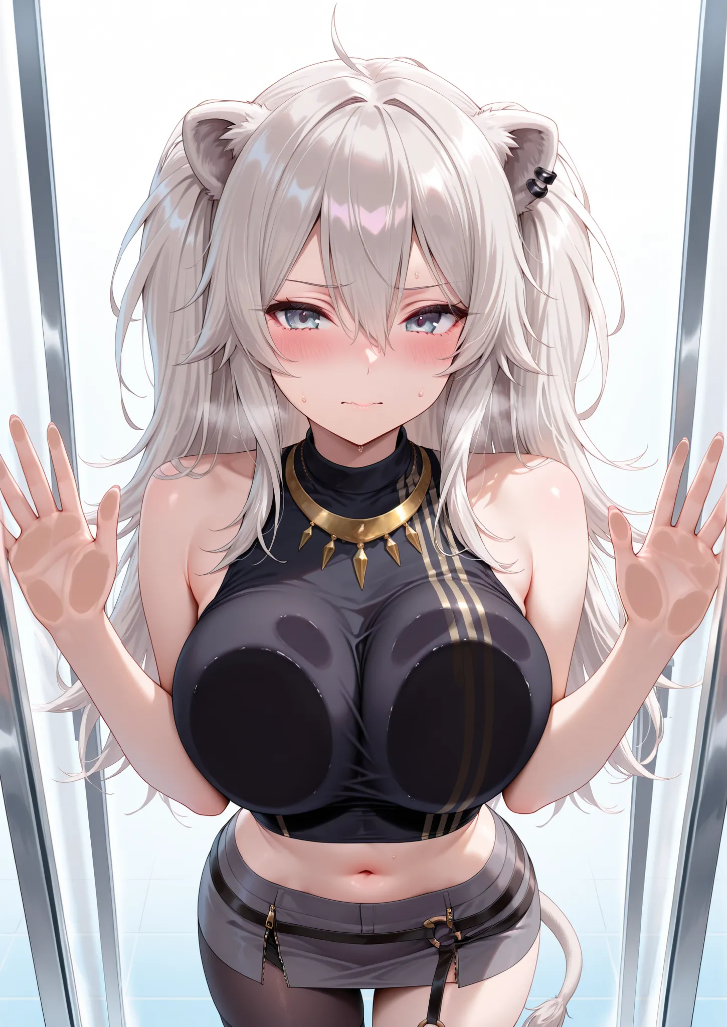 solo,masterpiece,best quality, amazing quality, highres, absurdres, very aesthetic, high resolution, ultra detailed, perfect details,botanIL, ear piercing, lion tail,botandef, long hair, navel, hair between eyes, two side up, black shirt, midriff, grey ski...