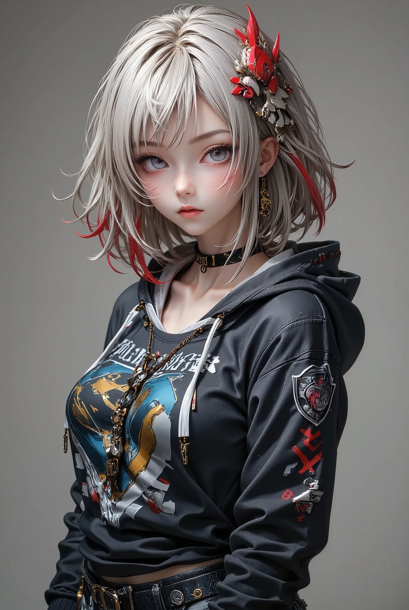 space, sci-fi, (hooded sweatshirt:1.1),((masterpiece)), ((best quality)), (ultra-detailed), ((extremely detailed)), 4K, (8K), best quality, (beautiful), extremely detailed,young woman, 1 woman, solo,bob cut,side braid,(two-tone coloring:1.6),beautiful whit...