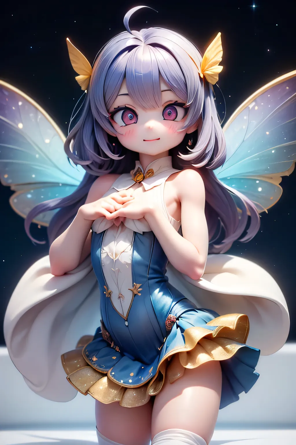 solo, 1 female,cute, cute,small ,my skin tone is white,(An accurate and perfect hand:2.0),(anatomically accurate hands on white sheets:2.0),( ballerina pose :1.5),(eye:2.5),(eyeを引くハイライト, reflective light:2.5),(cobalt blue semi-long:1.2),(smiling:1.2),...