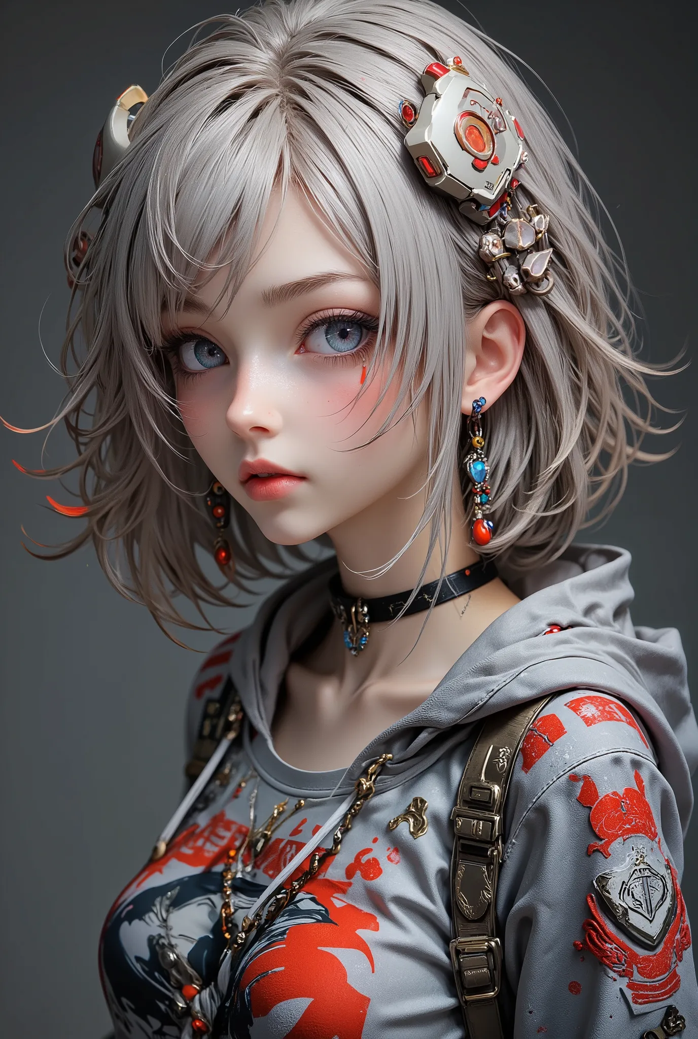 space, sci-fi, (hooded sweatshirt:1.1),((masterpiece)), ((best quality)), (ultra-detailed), ((extremely detailed)), 4K, (8K), best quality, (beautiful), extremely detailed,young woman, 1 woman, solo,bob cut,side braid,(two-tone coloring:1.6),beautiful whit...