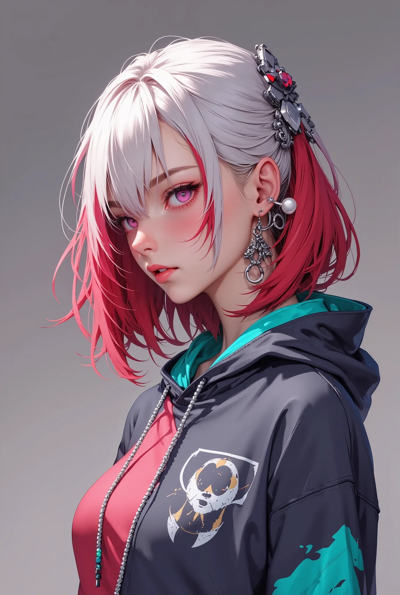 space, sci-fi, (hooded sweatshirt:1.1),((masterpiece)), ((best quality)), (ultra-detailed), ((extremely detailed)), 4K, (8K), best quality, (beautiful), extremely detailed,young woman, 1 woman, solo,bob cut,side braid,(two-tone coloring:1.6),beautiful whit...