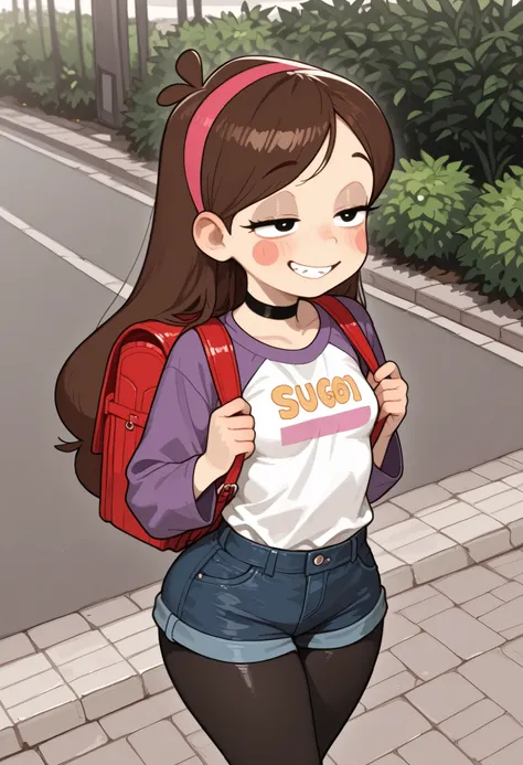 Mabel Pines, blush stickers, brown hair. black eyes. half-closed eyes, small breasts, huge hips. long eyelashes, choker. | Score 9, Score 8, Score 7, Masterpiece, Superior Quality, Amazing Quality, Masterpiece, Maximum Quality, Ultra-detailed, Alone, White...