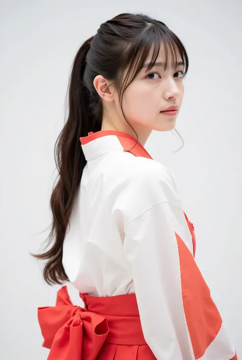 A hyper-realistic portrait photo of a beautiful Japanese female idol with a slender figure. She has long, wavy hair styled in a high ponytail. She is wearing an elegant shrine maiden (miko) costume, blending traditional Japanese elements with delicate mode...