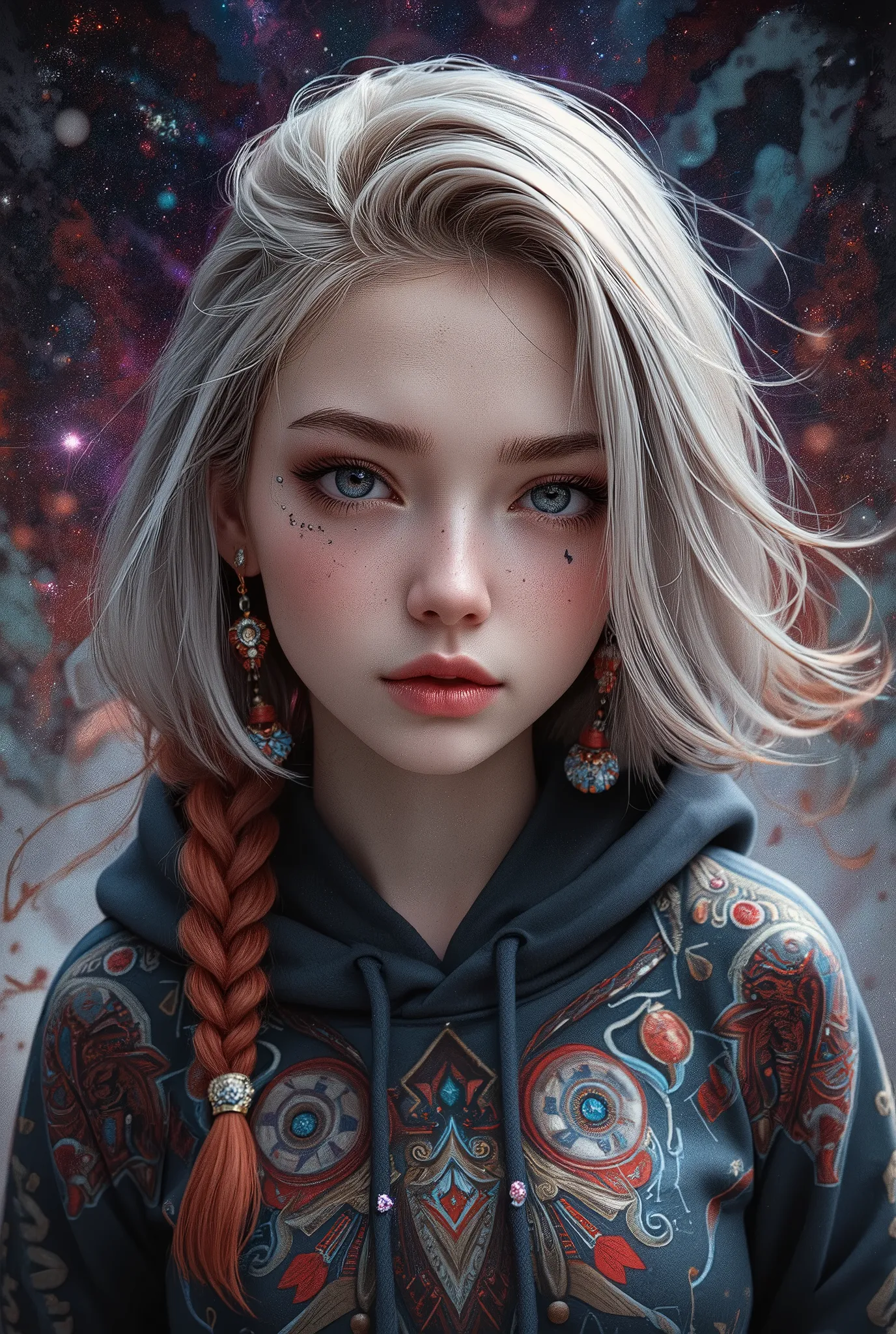 space, sci-fi, (hooded sweatshirt:1.1),((masterpiece)), ((best quality)), (ultra-detailed), ((extremely detailed)), 4K, (8K), best quality, (beautiful), extremely detailed,young woman, 1 woman, solo,bob cut,side braid,(two-tone coloring:1.6),beautiful whit...
