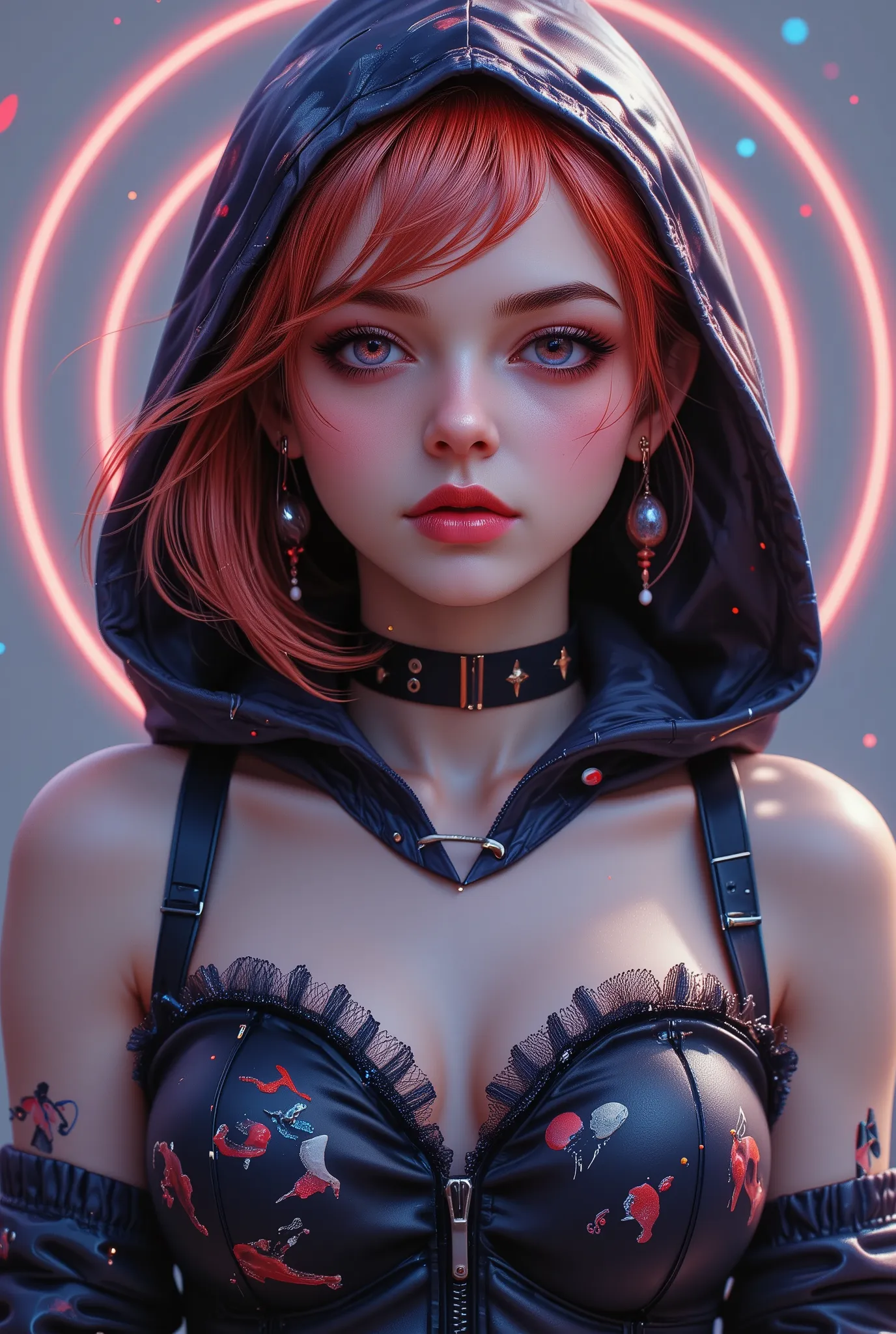 space, sci-fi, (hooded sweatshirt:1.1),((masterpiece)), ((best quality)), (ultra-detailed), ((extremely detailed)), 4K, (8K), best quality, (beautiful), extremely detailed,young woman, 1 woman, solo,bob cut,side braid,(two-tone coloring:1.6),beautiful whit...