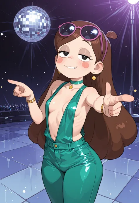 Mabel Pines, blush stickers, brown hair. black eyes. half-closed eyes, small breasts, huge hips. long eyelashes, choker. | score_9, score_8_up, score_7_up, score_6_up, score_5_up, score_4_up,source_anime,rating_questionable, d1sco, solo, pointing, sunglas...