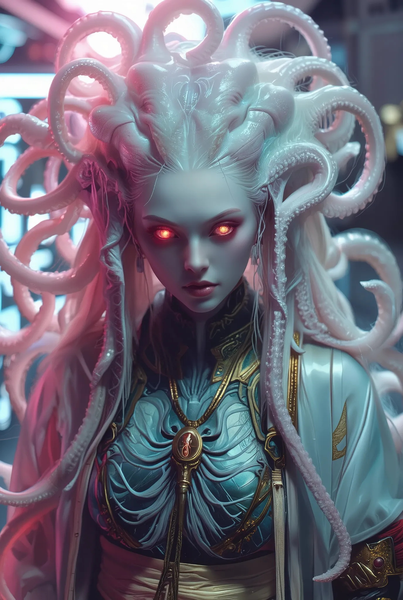 neon colored, (photos realistic:1.7), (1 beautiful and erotic female alien:1.4), (There is a female genital-like organ in the middle of her forehead:1.95), She has medusa-like hair, (there are lots of translucent tentacles from her head like her hair:1.5),...