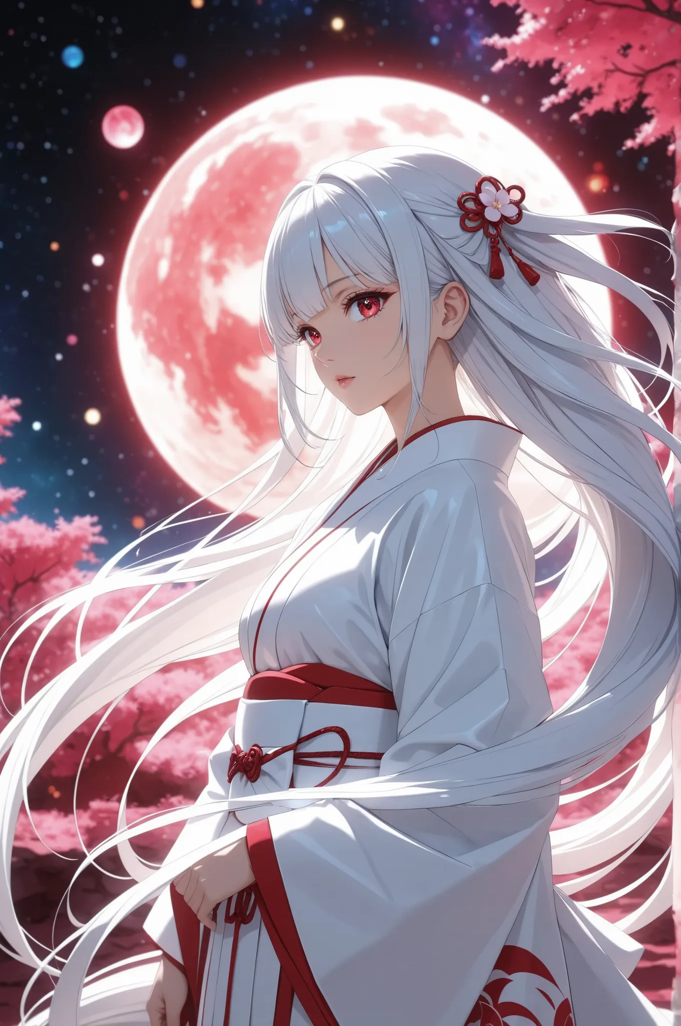 Shrine maiden, One person, adult white fox, cyber coating, Cosmic Shrine Precincts, White and Red Domination, fantastic outer space background, Extinction and Rebirth, Sensual Aesthetics , Feminine Softness, High Quality,4K,Extreme Details,photographic,Exp...