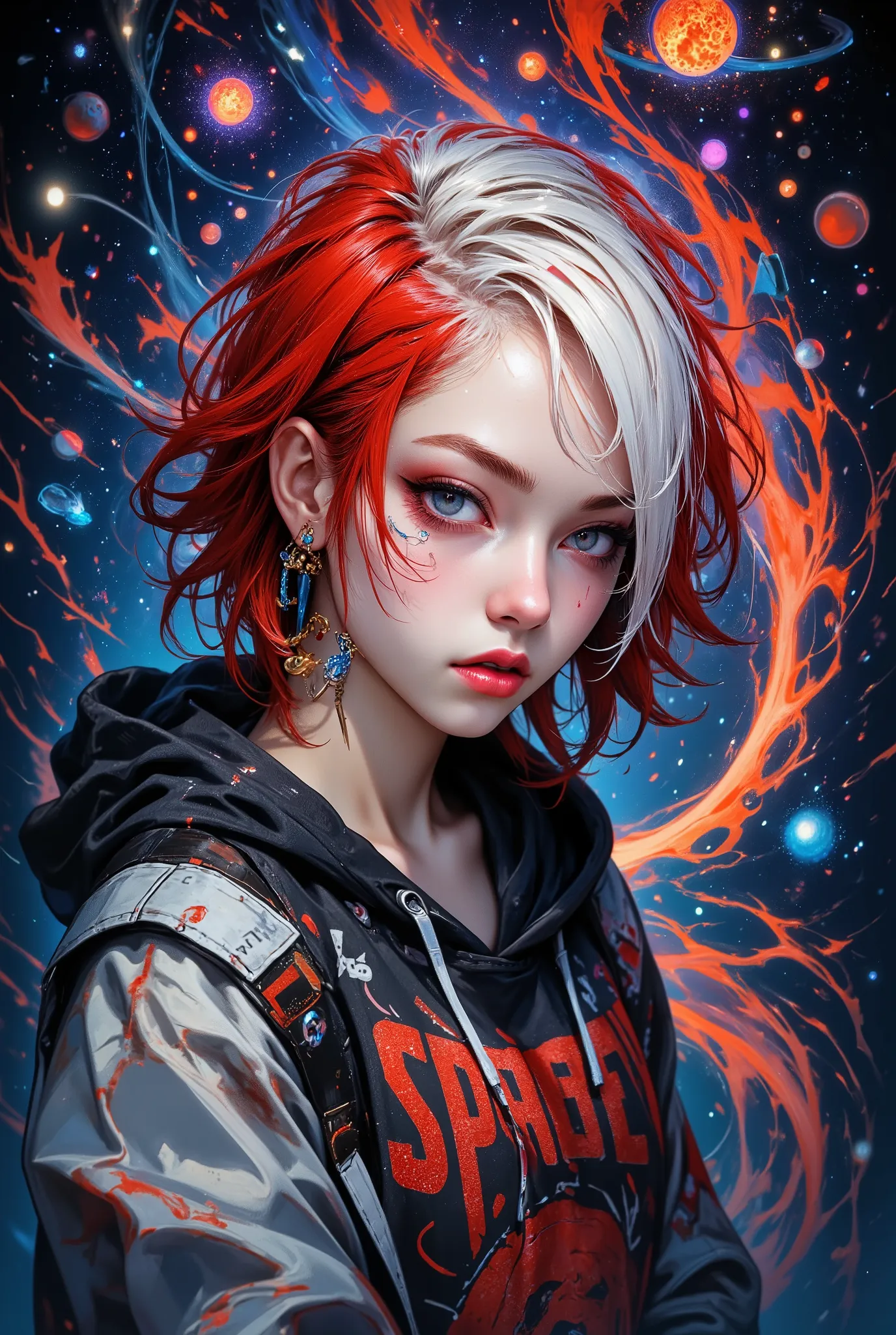 space, sci-fi, (hooded sweatshirt:1.1),((masterpiece)), ((best quality)), (ultra-detailed), ((extremely detailed)), 4K, (8K), best quality, (beautiful), extremely detailed,young woman, 1 woman, solo,bob cut,side braid,(two-tone coloring:1.6),beautiful whit...