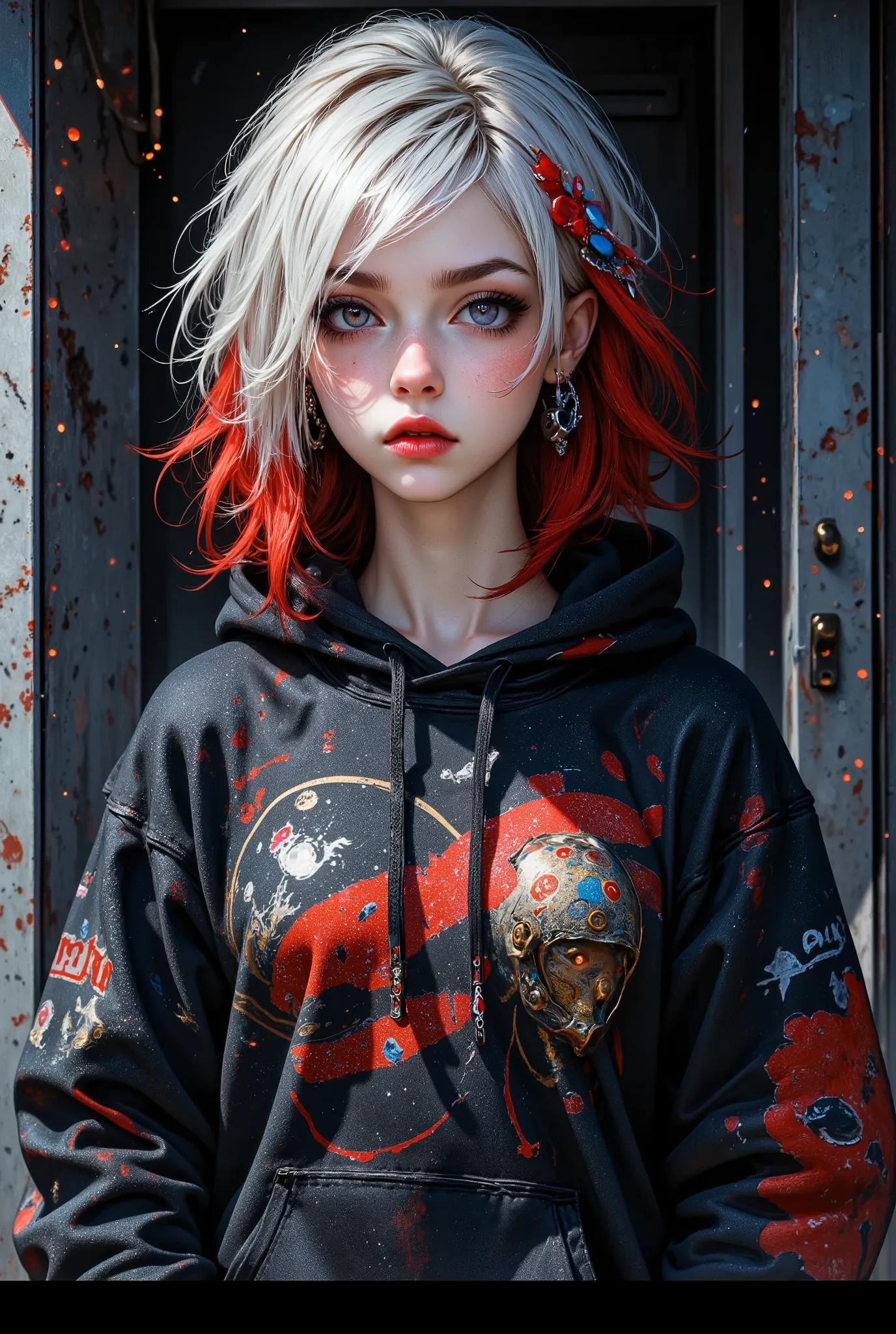 space, sci-fi, (hooded sweatshirt:1.1),((masterpiece)), ((best quality)), (ultra-detailed), ((extremely detailed)), 4K, (8K), best quality, (beautiful), extremely detailed,young woman, 1 woman, solo,bob cut,side braid,(two-tone coloring:1.6),beautiful whit...