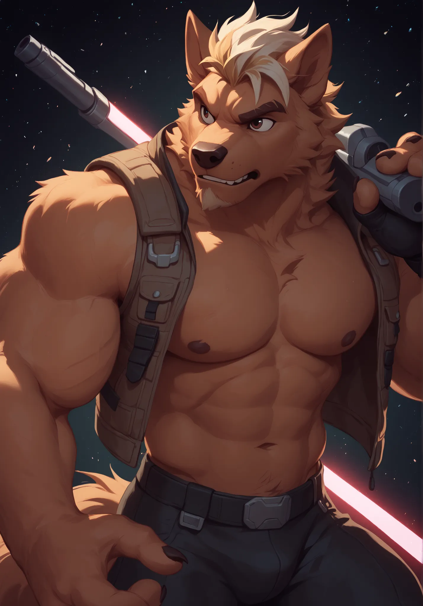 Wolfstar is the lead star in a space action movie!  masterpiece, best quality, amazing quality, solo, 1boy, null-ghost, Wolfstar from visual novel "Wolfstar: Sins and Paradise". Portrait.  short spiky blonde hair with small pony tail, wolf, perfect brown e...