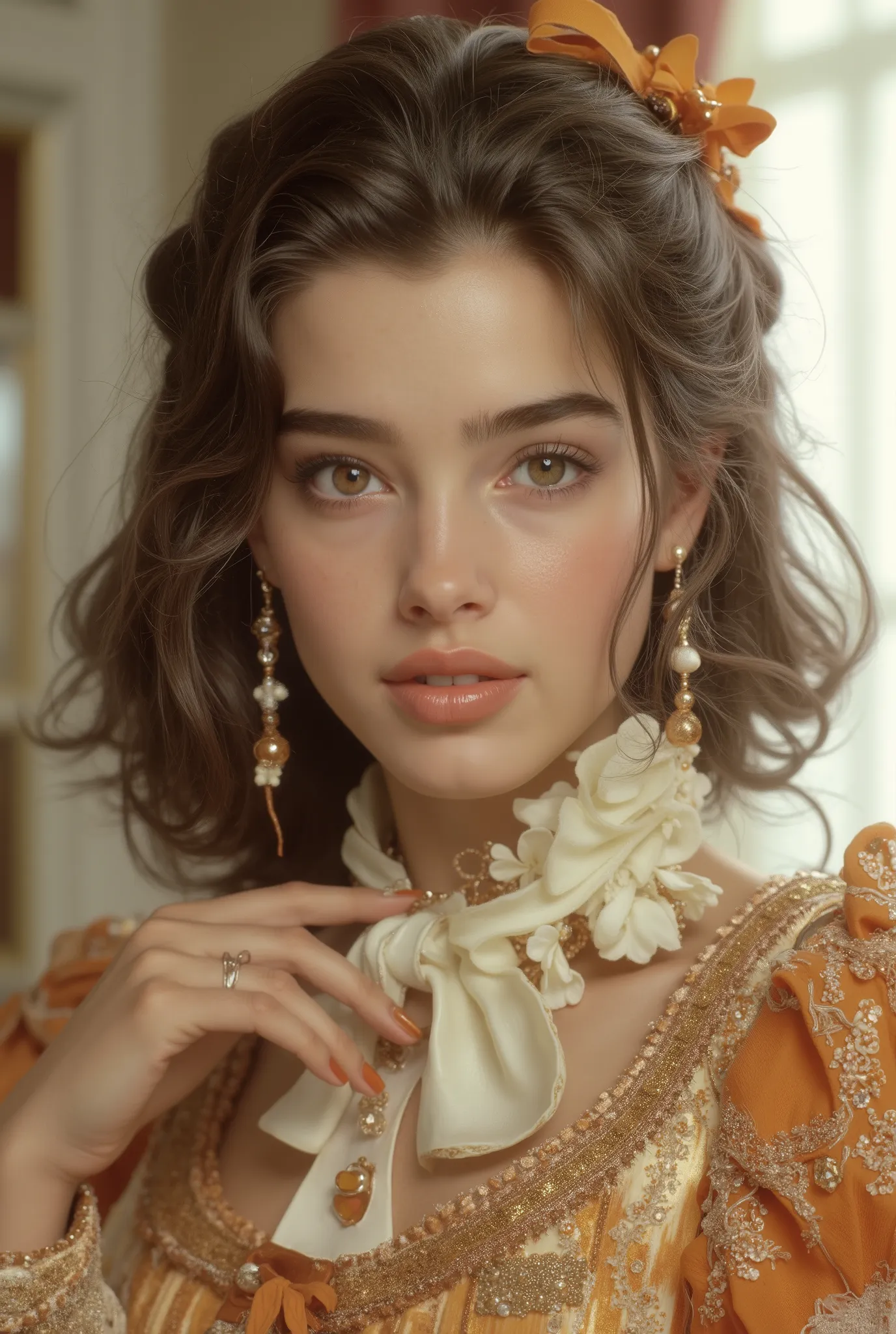 A hyper-realistic, full-body portrait of a young woman whose body is made of elegant desserts and confectionery, her skin resembling silky white chocolate, strands of her hair formed from delicate spun sugar and caramel ribbons, her dress sculpted from lay...