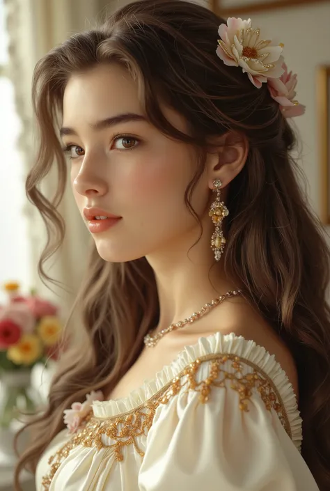 A hyper-realistic, full-body portrait of a young woman whose body is made of elegant desserts and confectionery, her skin resembling silky white chocolate, strands of her hair formed from delicate spun sugar and caramel ribbons, her dress sculpted from lay...