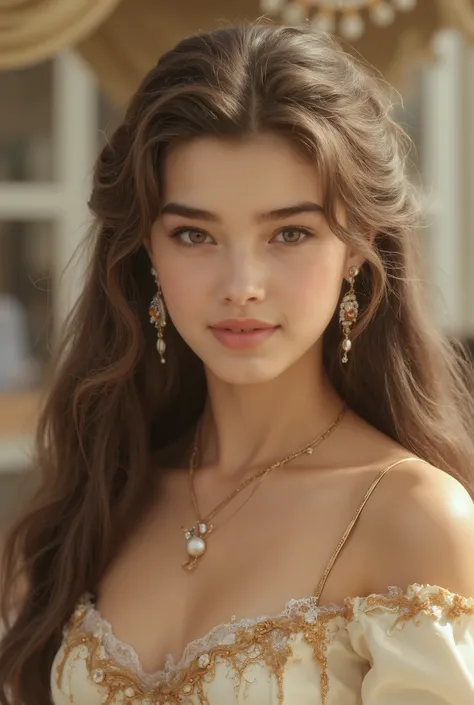 A hyper-realistic, full-body portrait of a young woman whose body is made of elegant desserts and confectionery, her skin resembling silky white chocolate, strands of her hair formed from delicate spun sugar and caramel ribbons, her dress sculpted from lay...