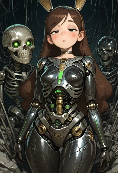 Mabel Pines, blush stickers, brown hair. black eyes. half-closed eyes, small breasts, huge hips. long eyelashes, choker. | Dark Moody Atmosphere, cybernetic robot highly detailed, complex intricate details, masterpiece realistic photography, Necron queen, ...