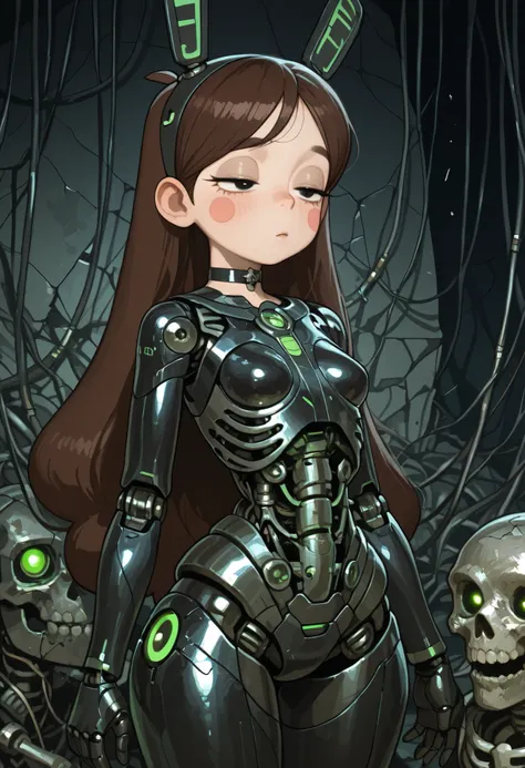Mabel Pines, blush stickers, brown hair. black eyes. half-closed eyes, small breasts, huge hips. long eyelashes, choker. | Dark Moody Atmosphere, cybernetic robot highly detailed, complex intricate details, masterpiece realistic photography, Necron queen, ...