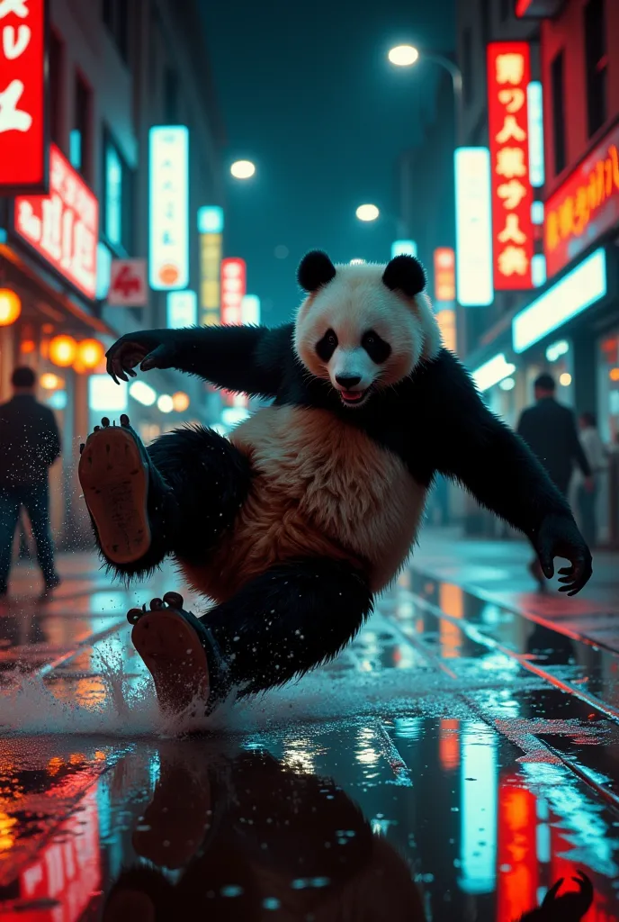 From a 90s movie poster. An acrobat panda is sliding down a wet street at night lit by neon signs, he's sliding sideways with 2 legs up, quickly and powerfully. Movie-level lighting, ultra-high resolution. film, grainy, 90s, analog.