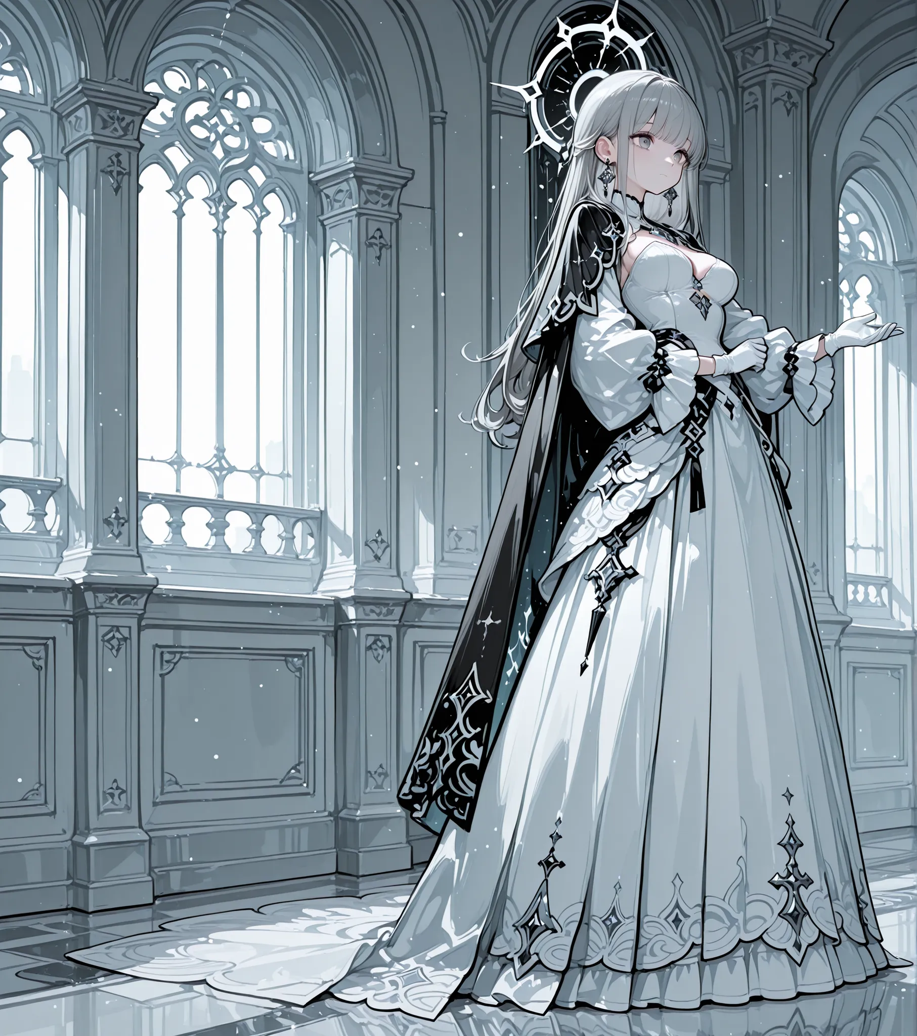 1girl, solo, gloves, long_hair, white_gloves, dress, breasts, jewelry, earrings, white_dress, standing, full_body, indoors, medium_breasts, wide_sleeves, cape, bangs, grey_eyes