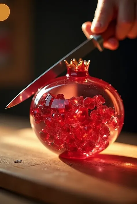 11. Glass Pomegranate Slice – Motion Prompt

“Cinematic ultra-close-up of a transparent glass pomegranate with a soft ruby-red glow, resting on a wooden cutting board. A human hand carefully slices through the glass fruit with a razor-sharp knife. The first slice creates a rich ASMR glass cracking sound as part of the fruit breaks off cleanly; the second cut slices through another section, causing a gentle cascade of small glass shards. Only hand, knife, and fruit in frame. Ultra-sharp focus, 30 FPS slow motion, warm studio lights, no music.”