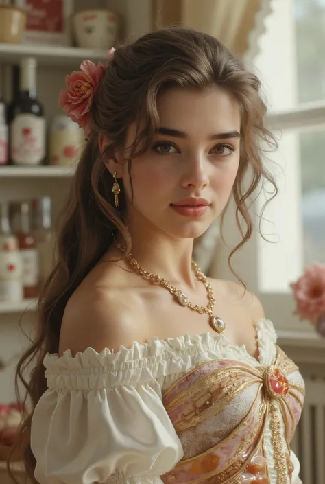 A hyper-realistic, full-body portrait of a young woman whose body is made of elegant desserts and confectionery, her skin resembling silky white chocolate, strands of her hair formed from delicate spun sugar and caramel ribbons, her dress sculpted from lay...