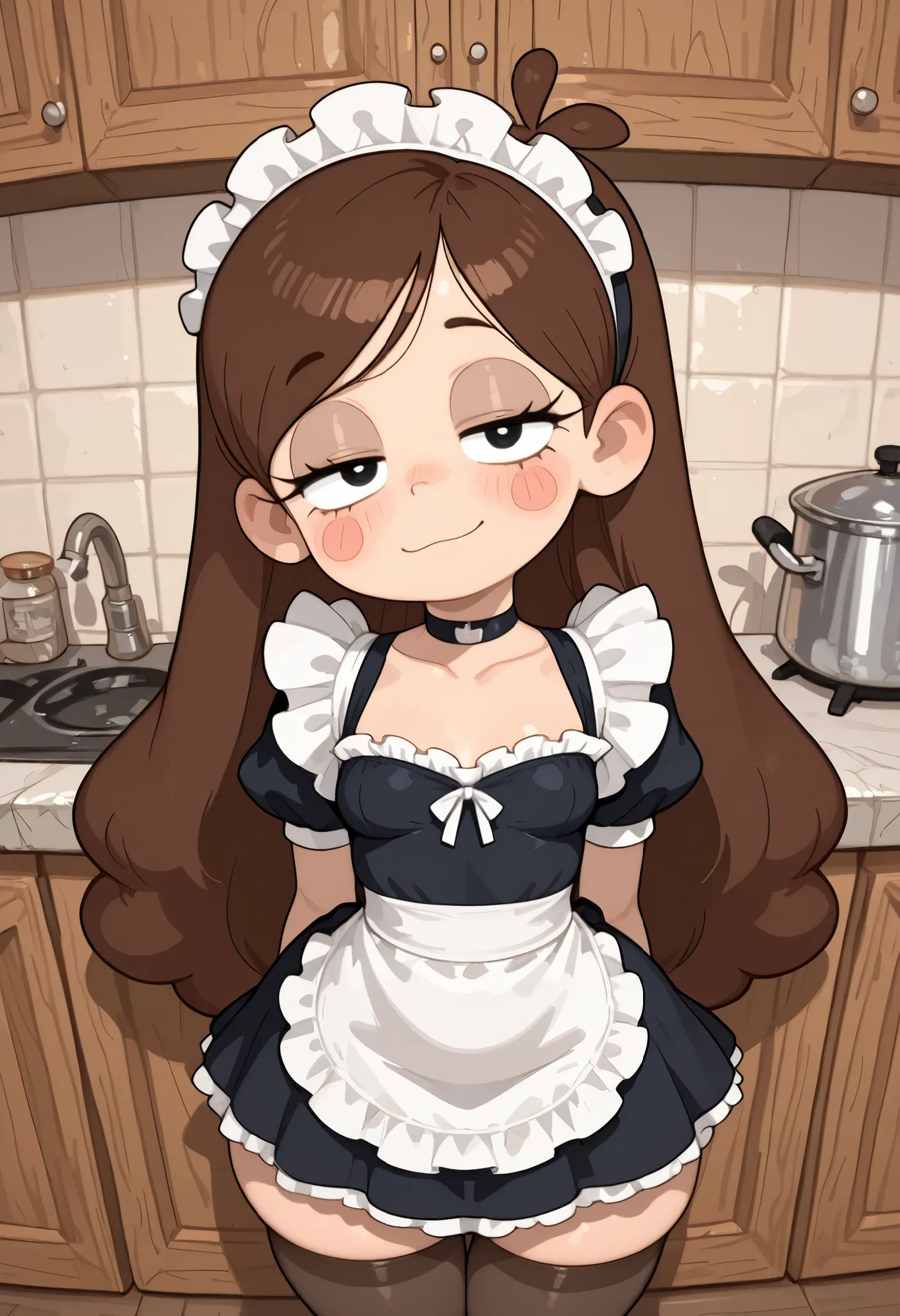 Mabel Pines, blush stickers, brown hair. black eyes. half-closed eyes, small breasts, huge hips. long eyelashes, choker. | Looking from the viewer, choker, maid dress, kitchen. half-open eyes. stockings.