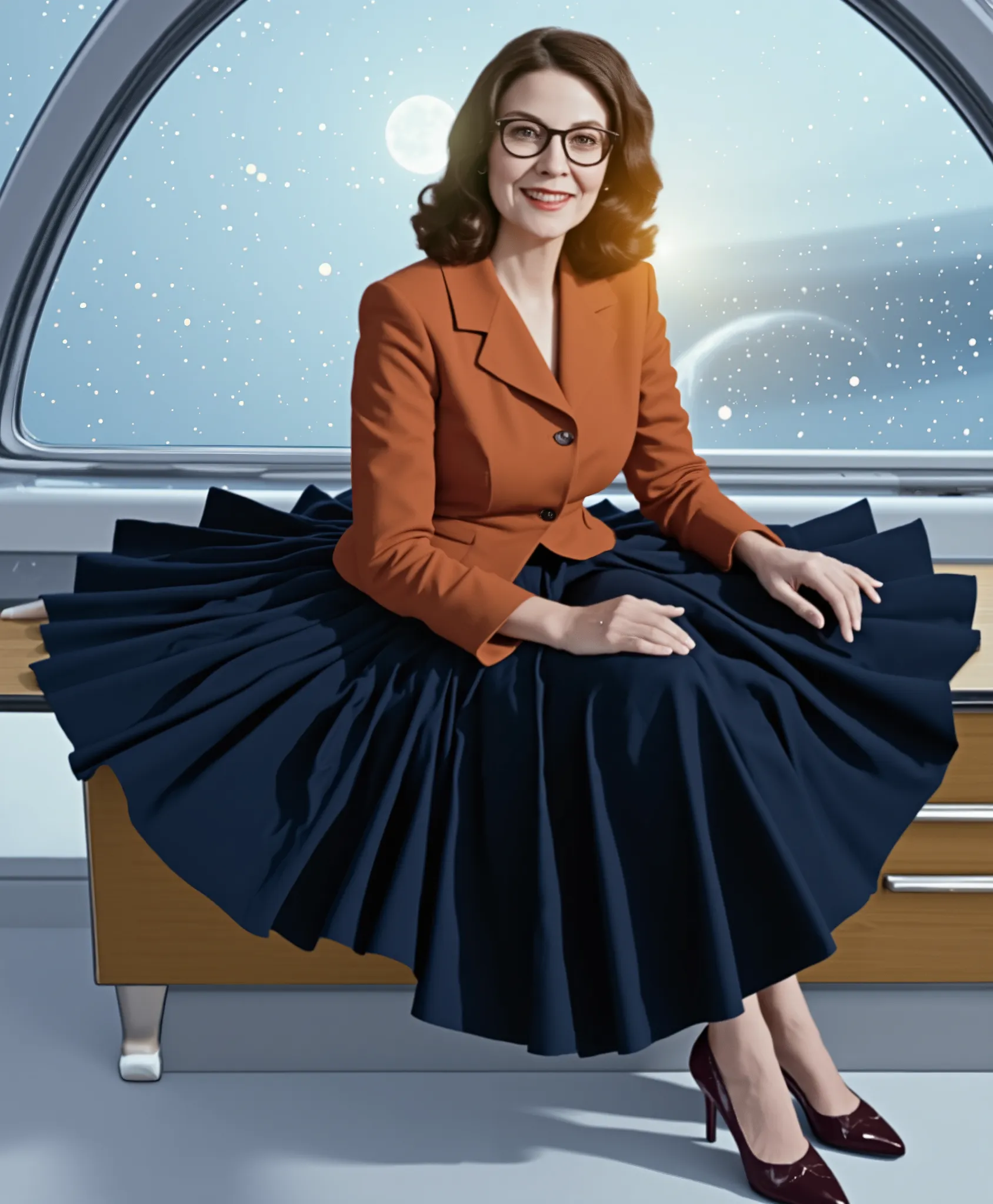 In an interstellar office adorned with vintage charm, a demure, mature therapist, dressed in a crisp uniform jacket and a blouse, reveals her alluring feminine grace. Her long, pleated skirt flows dramatically as the subtly lifts it, each fold a testament...