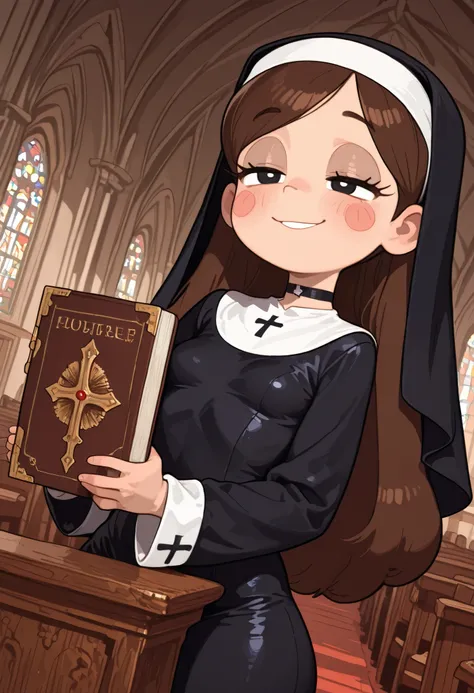 Mabel Pines, blush stickers, brown hair. black eyes. half-closed eyes, small breasts, huge hips. long eyelashes, choker. | church, church seats, nun, holding bible, lectern, smile, audience looking on, solo, cowboy shot, dutch angle, hdr, hd, 4k, 8k, beaut...