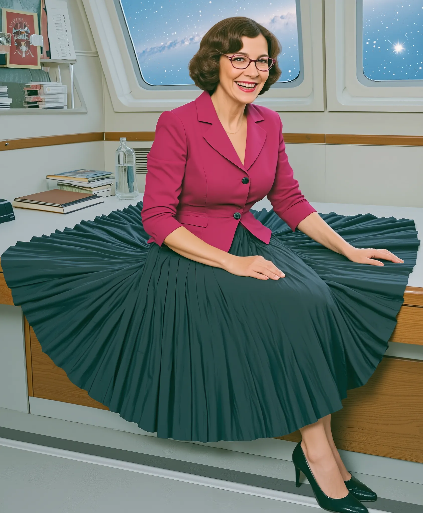In an interstellar office adorned with vintage charm, a demure, mature therapist, dressed in a crisp uniform jacket and a blouse, reveals her alluring feminine grace. Her long, pleated skirt flows dramatically as the subtly lifts it, each fold a testament...