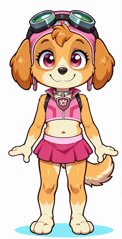 score_9, score_8_up, score_8, 1girl, source_cartoon, source_furry, skyepp, dog, furry, toddler, skye, paw patrol, cute face, 4 fingers, standing, ((goggles, pink pilot hat, Skye collar, pink top, midriff, pink mini skirt)), white background, simple backgro...